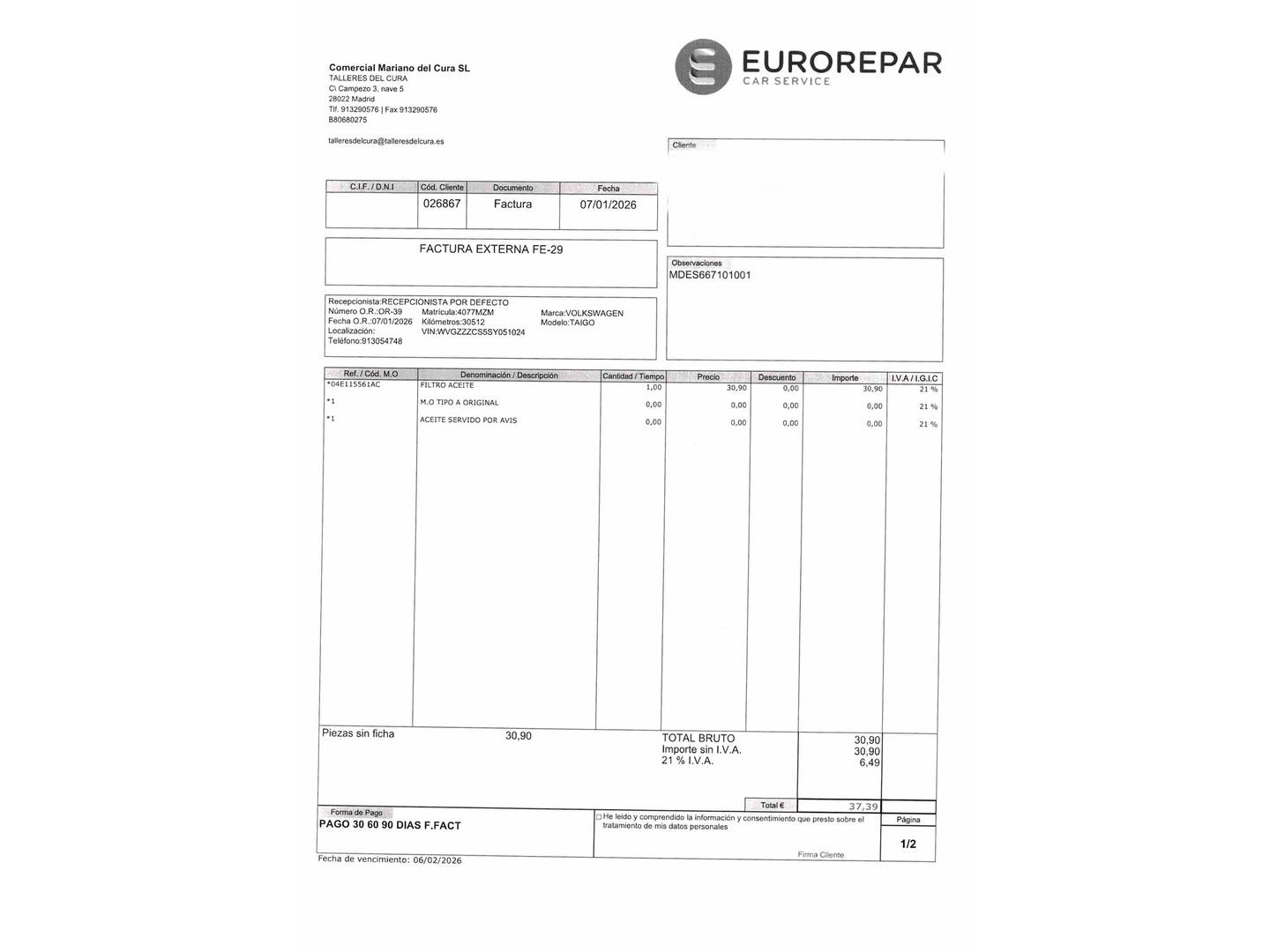 Foto del mantenimiento del Volkswagen Taigo Volkswagen Taigo "Más" 1.0 TSI (115 CV) DSG