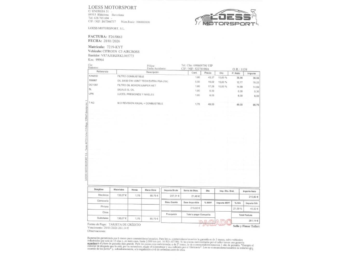 Foto del mantenimiento del Citroën C5 Aircross Citroën C5 Aircross BlueHdi 180 S&S Shine EAT8 (177 CV)
