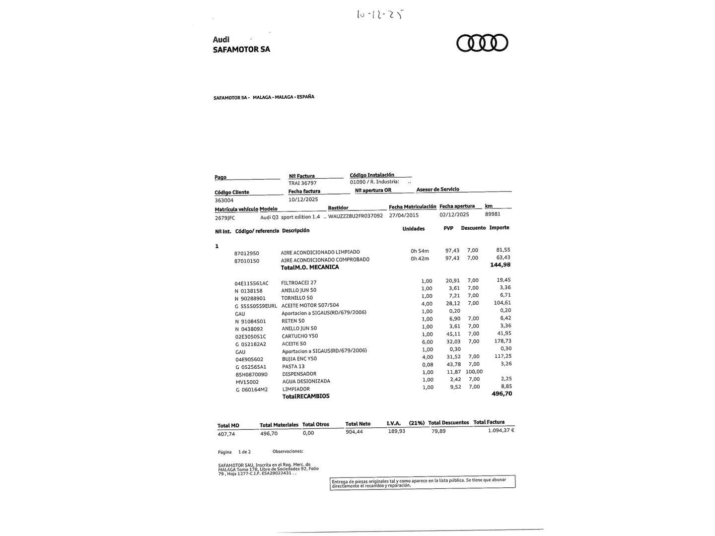Foto del mantenimiento del Audi Q3 Audi Q3 sport edition 1.4 TFSI CoD 110 kW (150 CV) S tronic