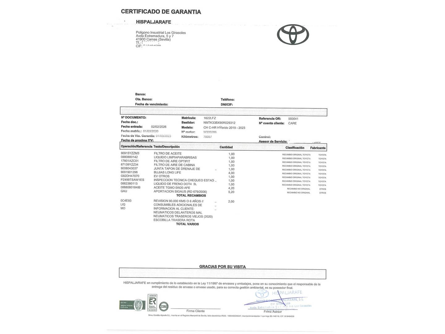 Foto del mantenimiento del Toyota C-HR Toyota C-HR 1.8 125H Advance (122 CV)