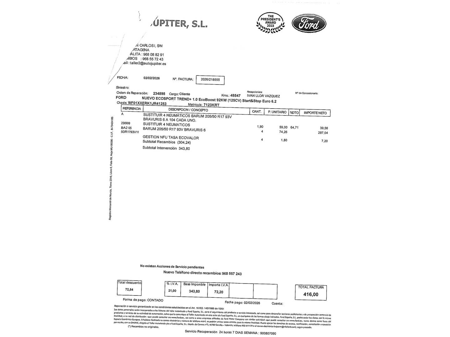 Foto del certificado del Ford EcoSport Ford EcoSport 1.0L EcoBoost S&S Trend+ (125 CV)