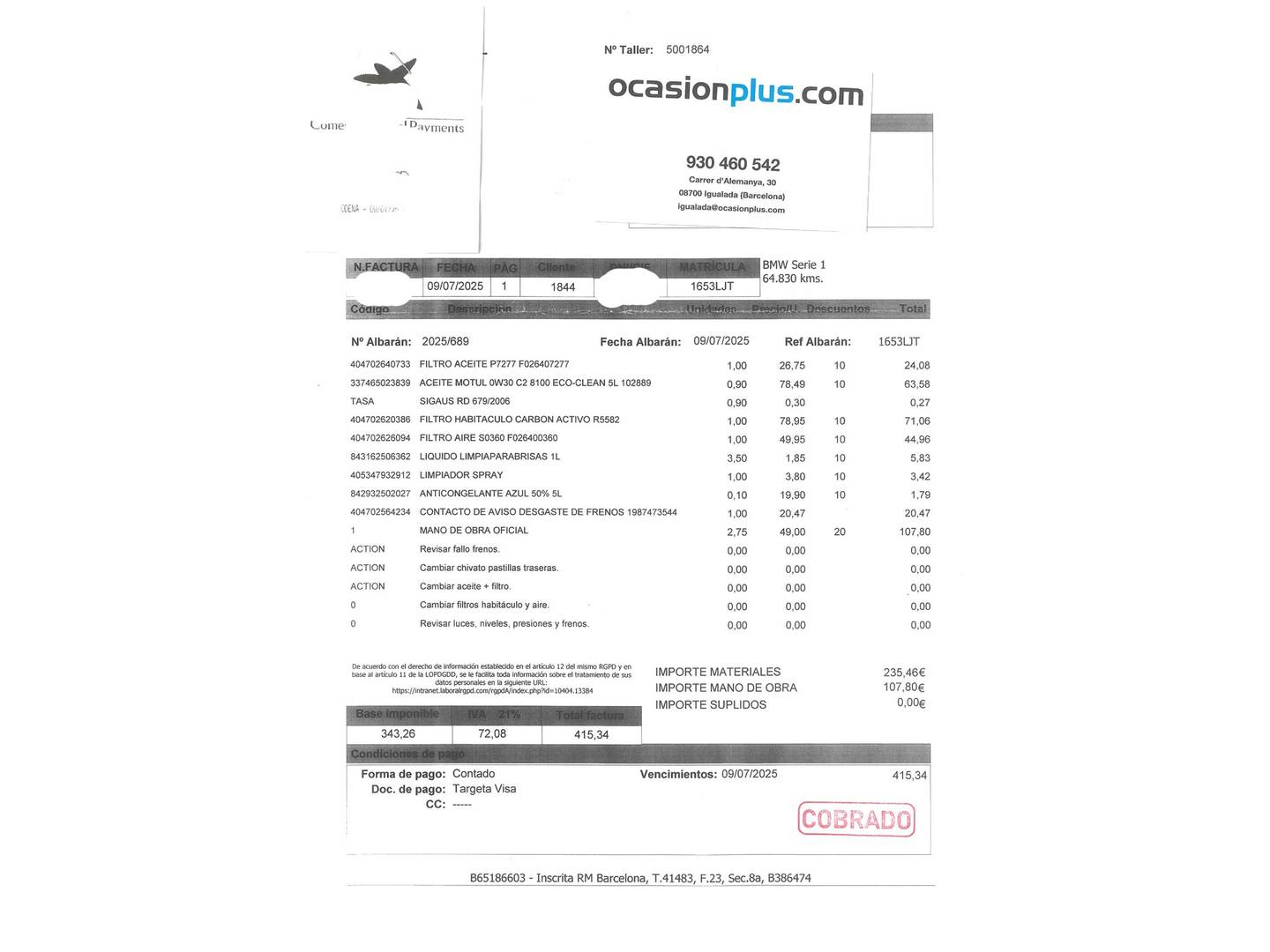 Foto del mantenimiento del BMW Serie 1 BMW Serie 1 118i (140 CV)