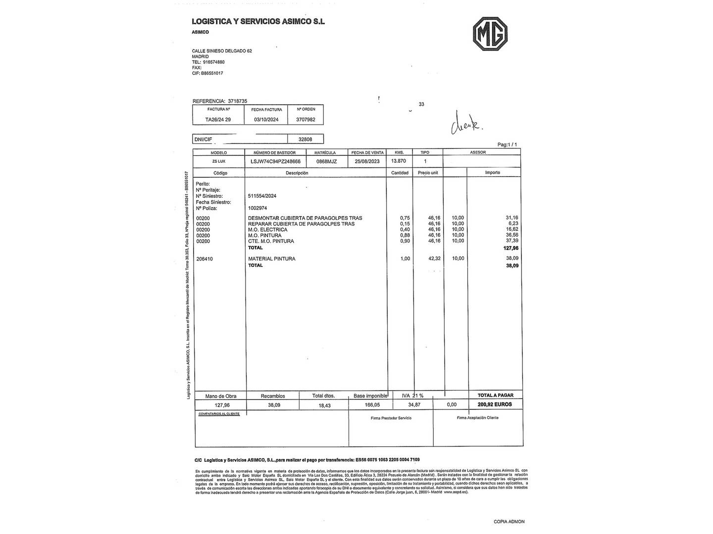 Foto del mantenimiento del MG ZS MG ZS 1.0T Luxury (111 CV)