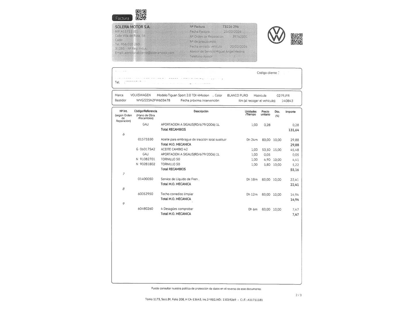 Foto del mantenimiento del Volkswagen Tiguan Volkswagen Tiguan Sport 2.0 TDI BMT 4Motion 103 kW (140 CV) DSG