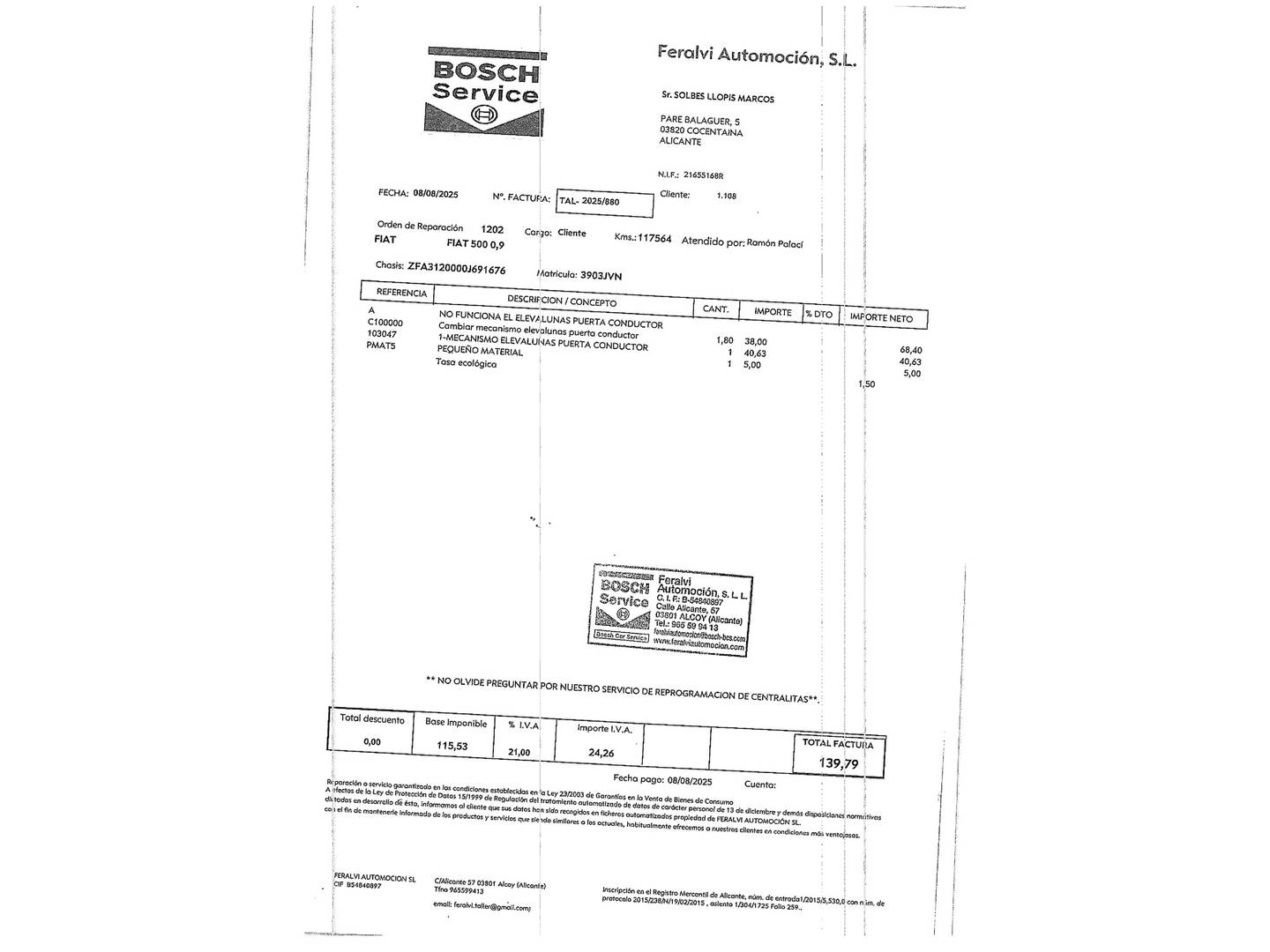 Foto del mantenimiento del Fiat 500 Fiat 500 0.9 Turbo TwinAir S (105 CV)