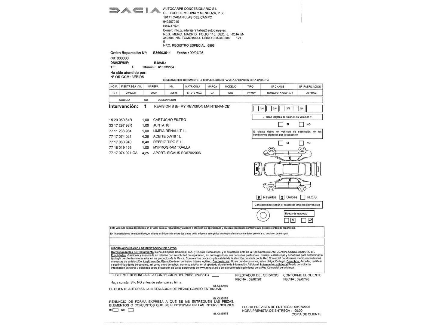 Foto del mantenimiento del Dacia Duster Dacia Duster Extreme 48V TCE (130 CV) 4X4