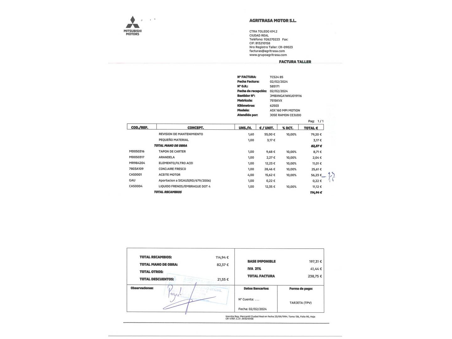 Foto del mantenimiento del Mitsubishi ASX Mitsubishi ASX 160 MPI Motion (117 CV)