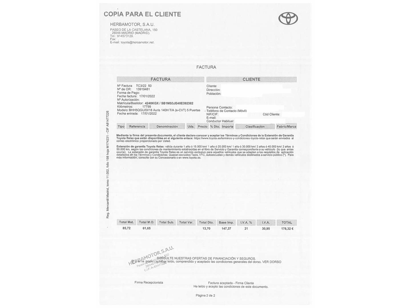 Foto del mantenimiento del Toyota Auris Toyota Auris 140H Hybrid Feel! (136 CV)