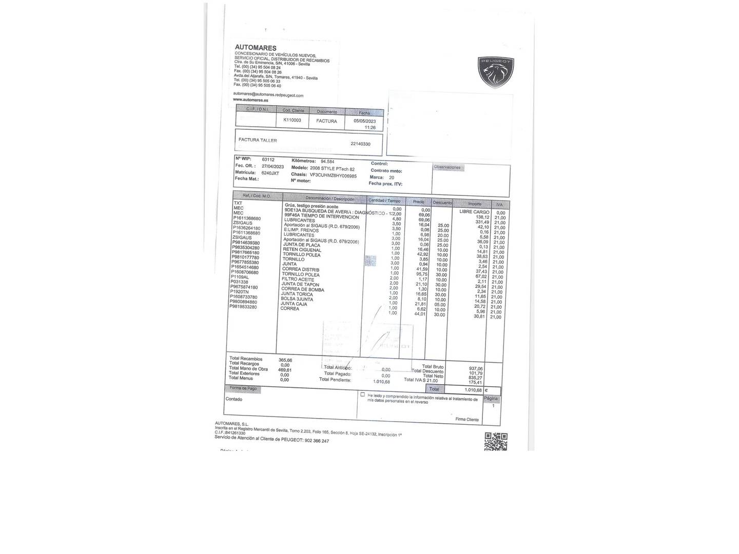 Foto del mantenimiento del Peugeot 2008 Peugeot 2008 PureTech 82 Style (82 CV)