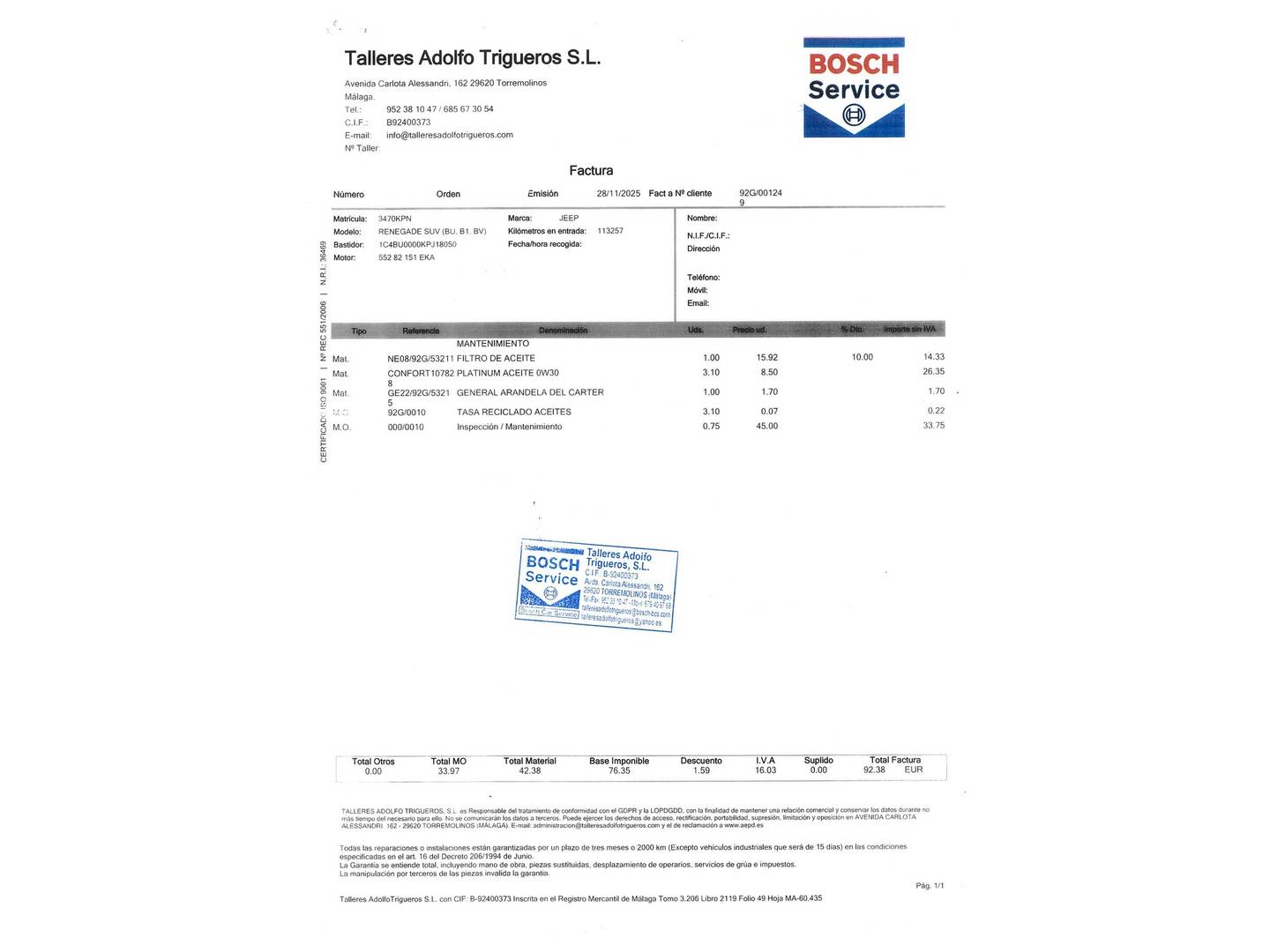 Foto del mantenimiento del Jeep Renegade Jeep Renegade 1.0G Sport 4x2 (120 CV)