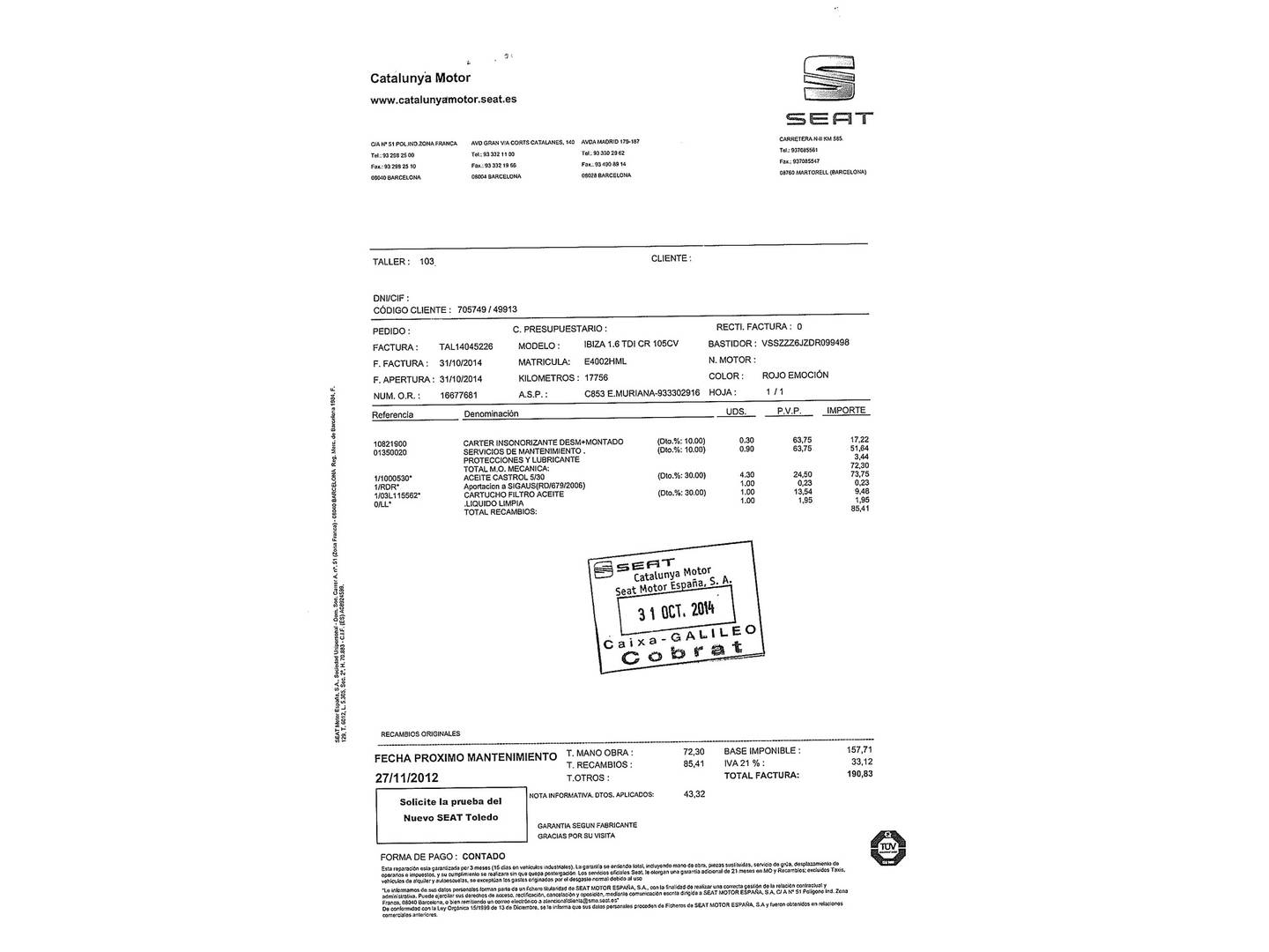 Foto del mantenimiento del Seat Ibiza Seat Ibiza 1.6 TDI CR FR (105 CV)