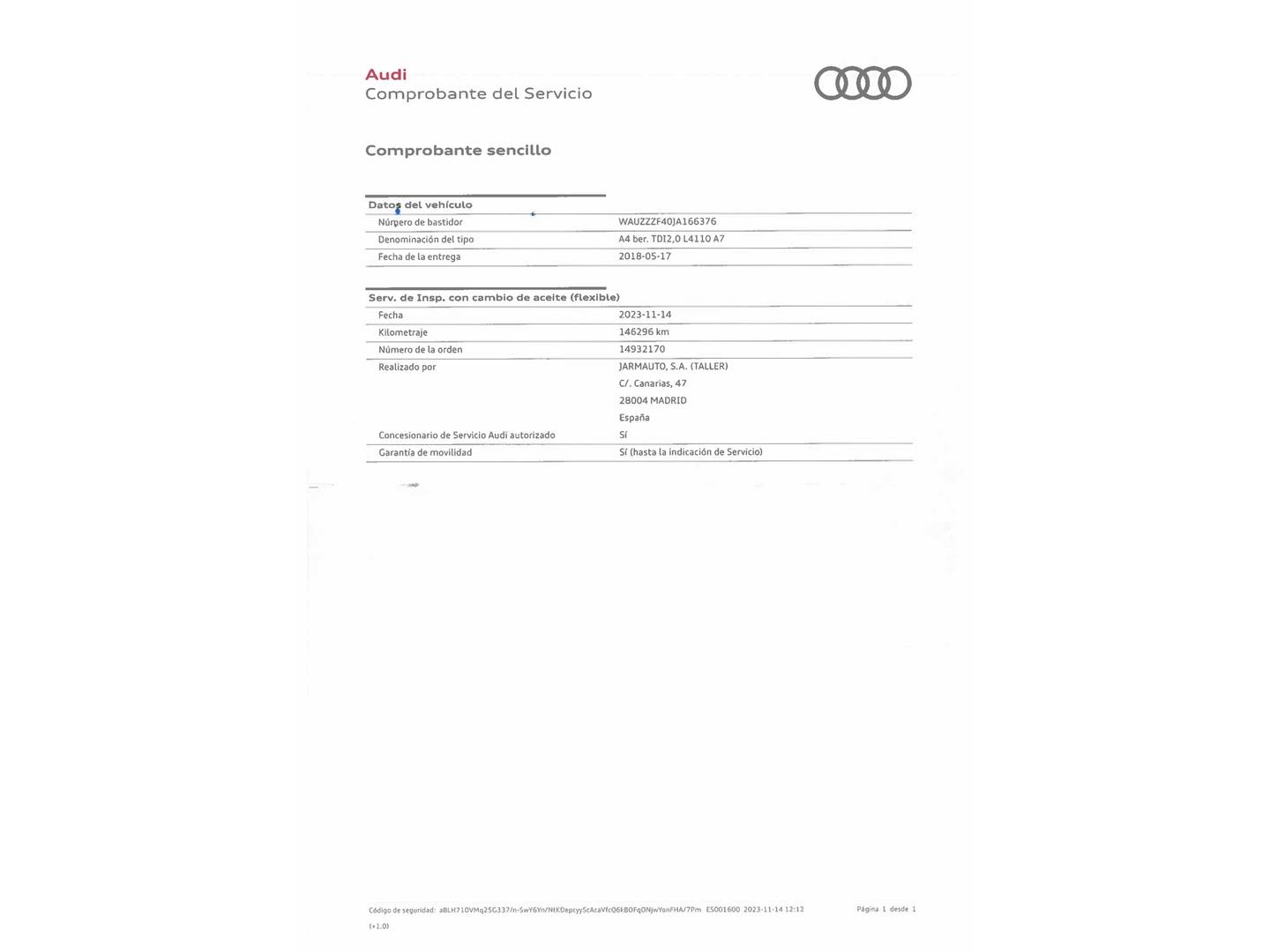 Foto del mantenimiento del Audi A4 Audi A4 Advanced edition 2.0 TDI (150 CV) S tronic