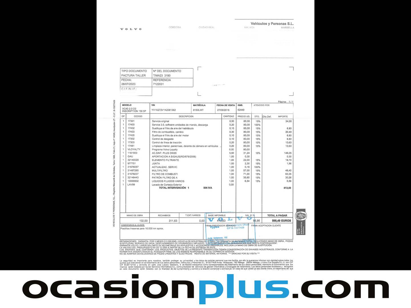 Foto del mantenimiento del Volvo XC40 Volvo XC40 D3 Inscription (150 CV)