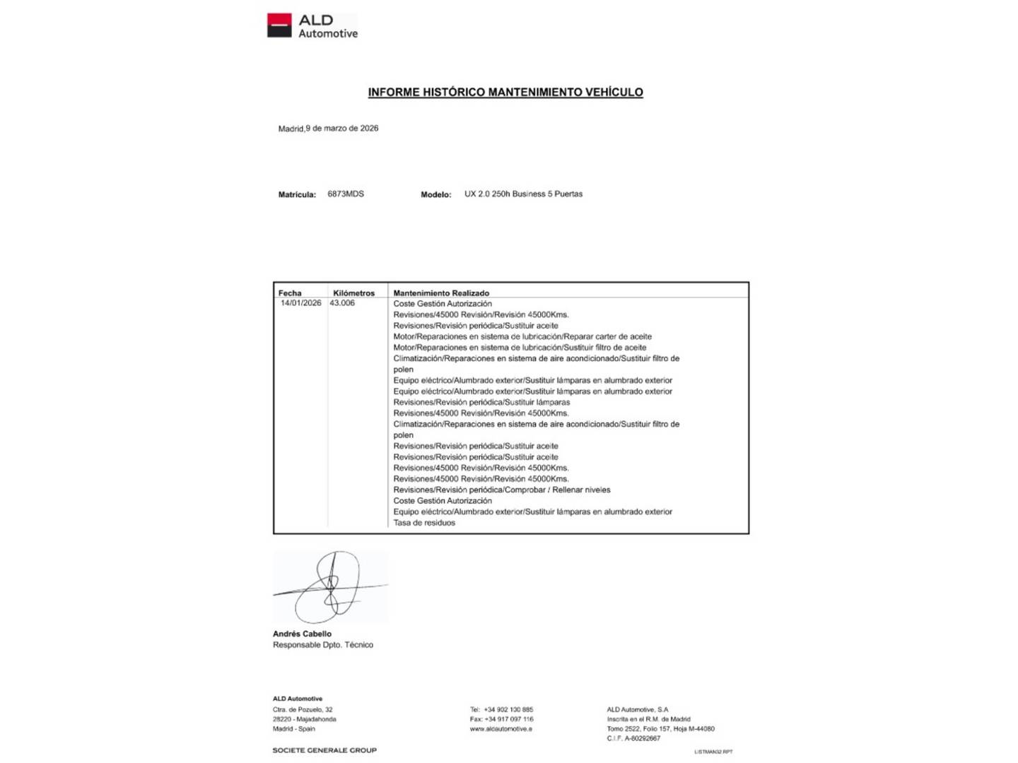 Foto del mantenimiento del Lexus UX Lexus UX 250h Business 2WD (184 CV)