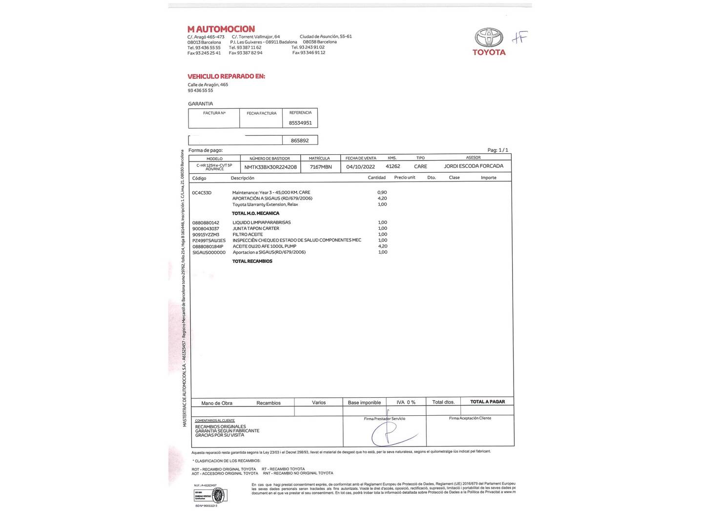 Foto del mantenimiento del Toyota C-HR Toyota C-HR 1.8 125H Advance (122 CV)