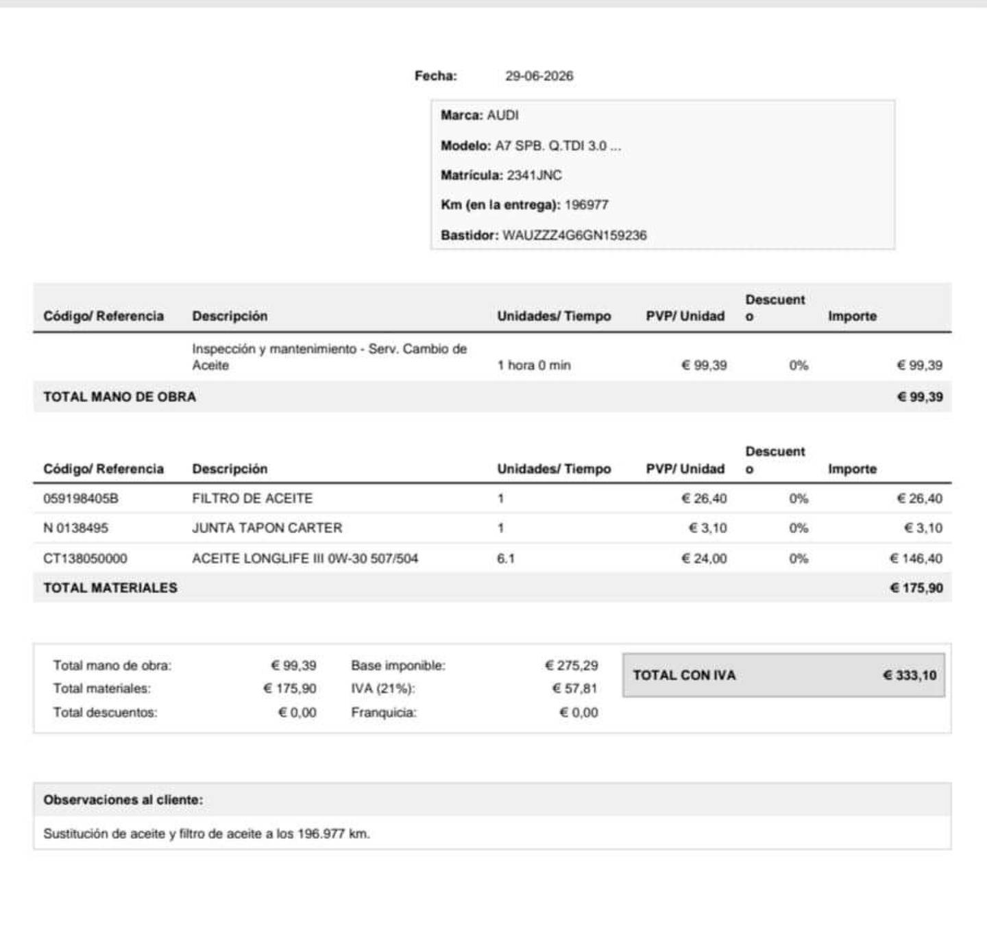 Foto del mantenimiento del Audi A7 Audi A7 Sportback 3.0 TDI quattro (272 CV) S tronic