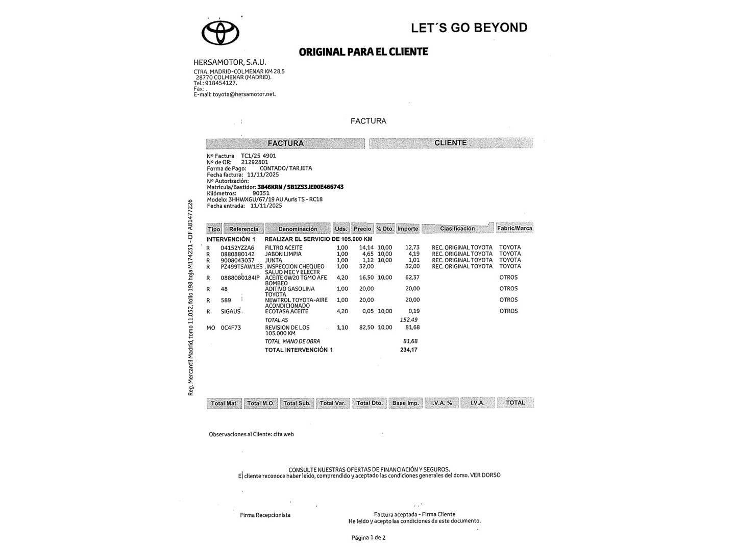 Foto del mantenimiento del Toyota Auris Toyota Auris 140H Hybrid Touring Sports Feel! Edition (136 CV)