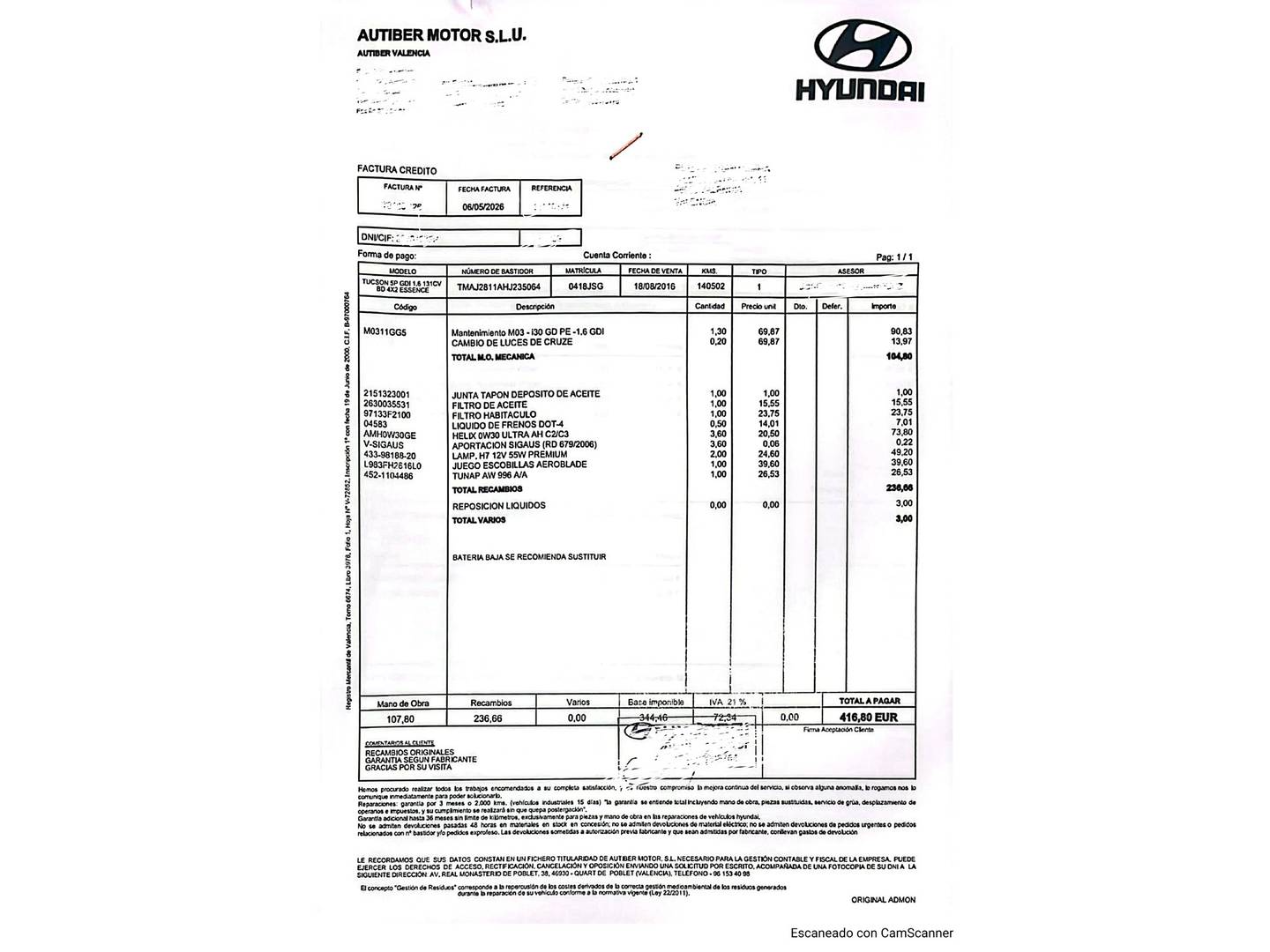 Foto del mantenimiento del Hyundai Tucson Hyundai Tucson 1.6 GDI BlueDrive Essence 4x2 (131 CV)