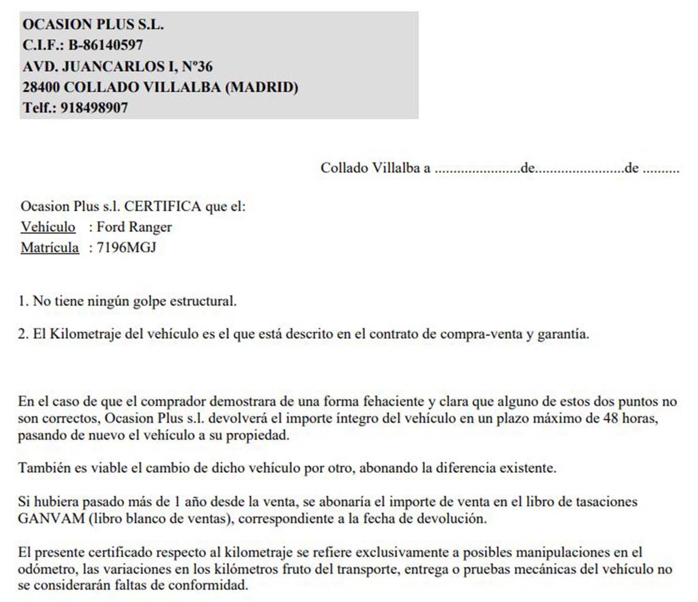 Foto del certificado del Ford Ranger Ford Ranger 3.0 Ecoblue Doble Cabina Wildtrack e-AWD AT  (240 CV)