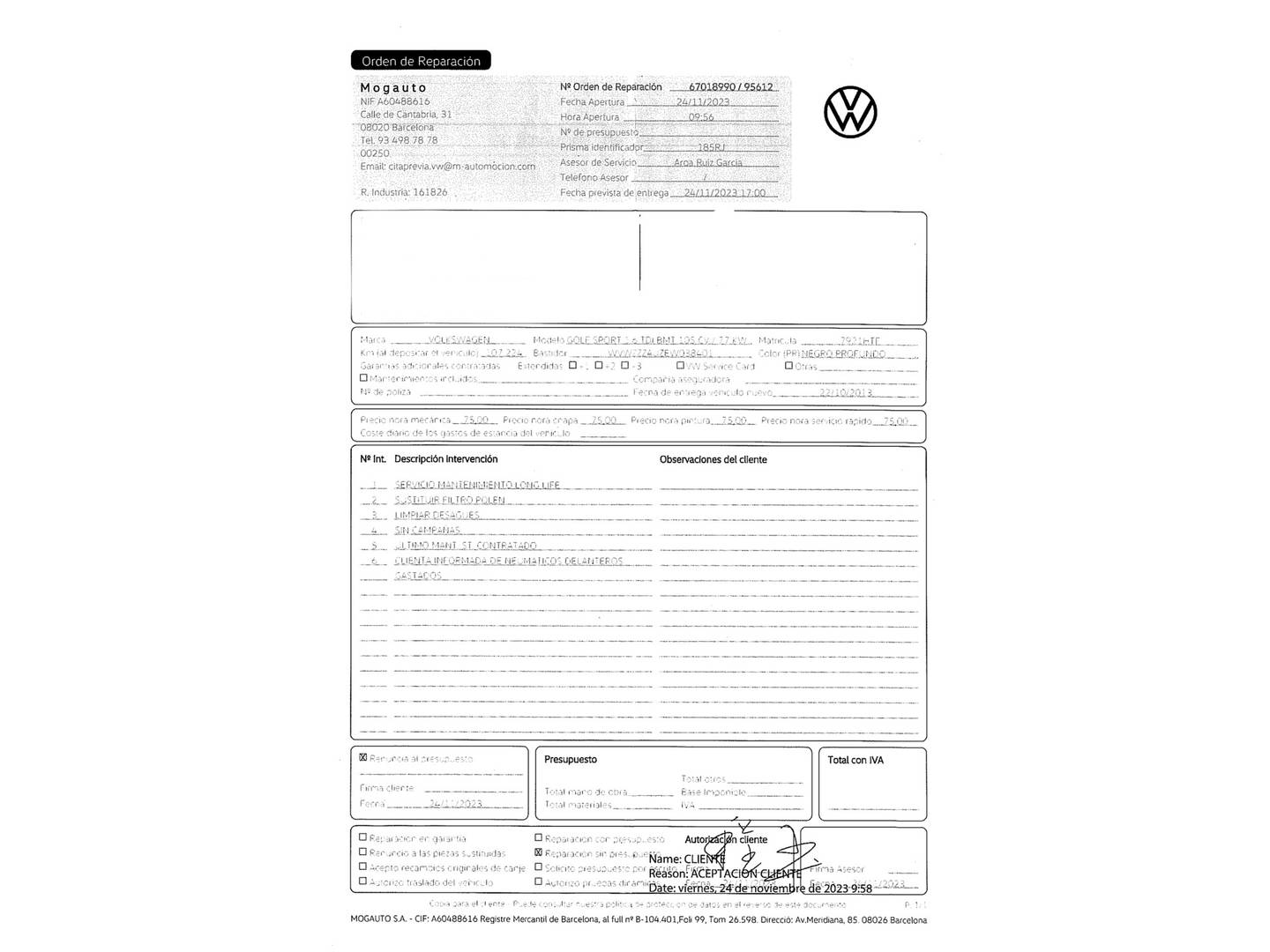 Foto del mantenimiento del Volkswagen Golf Volkswagen Golf Sport 1.6 TDI (105 CV)