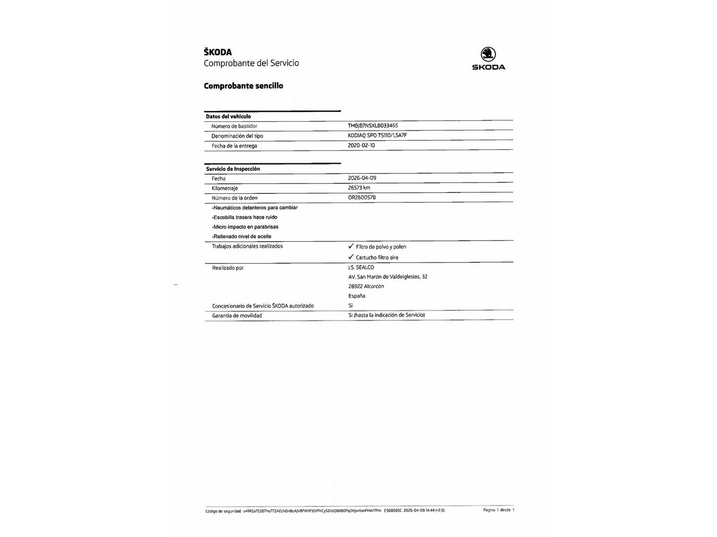 Foto del mantenimiento del Skoda Kodiaq Skoda Kodiaq 1.5 TSI Sportline 4x2 DSG (150 CV)