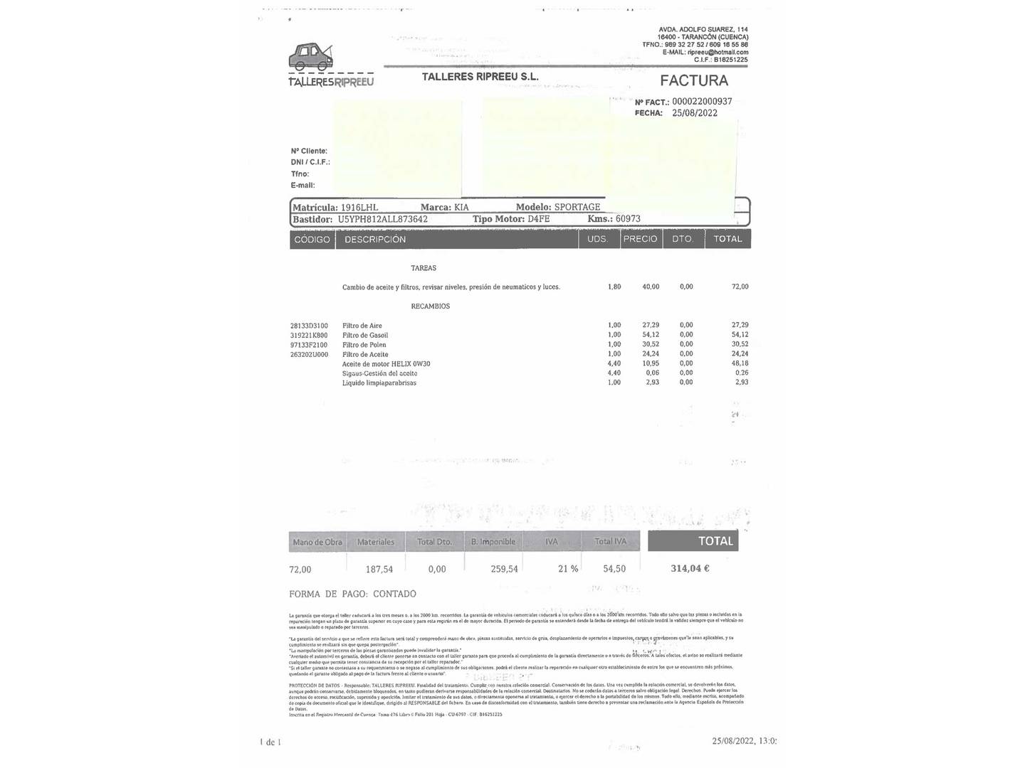 Foto del mantenimiento del KIA Sportage KIA Sportage 1.6 MHEV Drive 4x2 (136 CV)