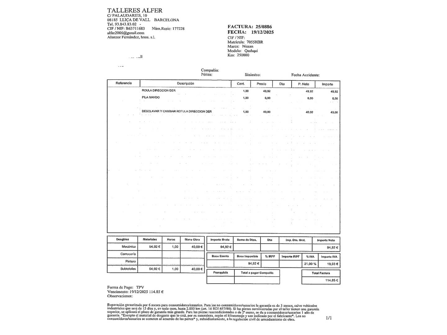 Foto del mantenimiento del Nissan QASHQAI Nissan Qashqai 2.0 dCi Tekna Premium 4x2 (150 CV)