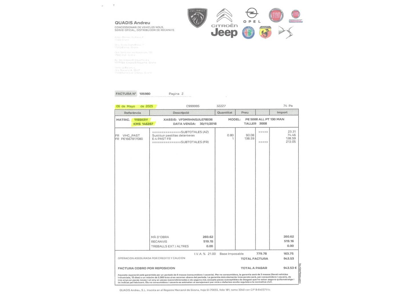 Foto del mantenimiento del Peugeot 5008 Peugeot 5008 PureTech 130 S&S Allure (130 CV)