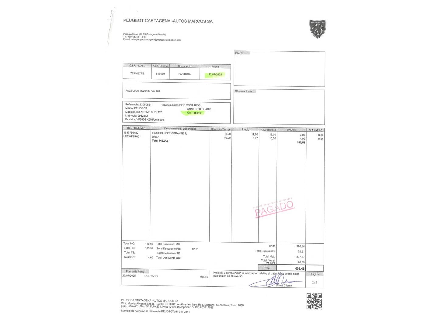 Foto del mantenimiento del Peugeot 508 Peugeot 508 1.6 BlueHDI Active (120 CV)