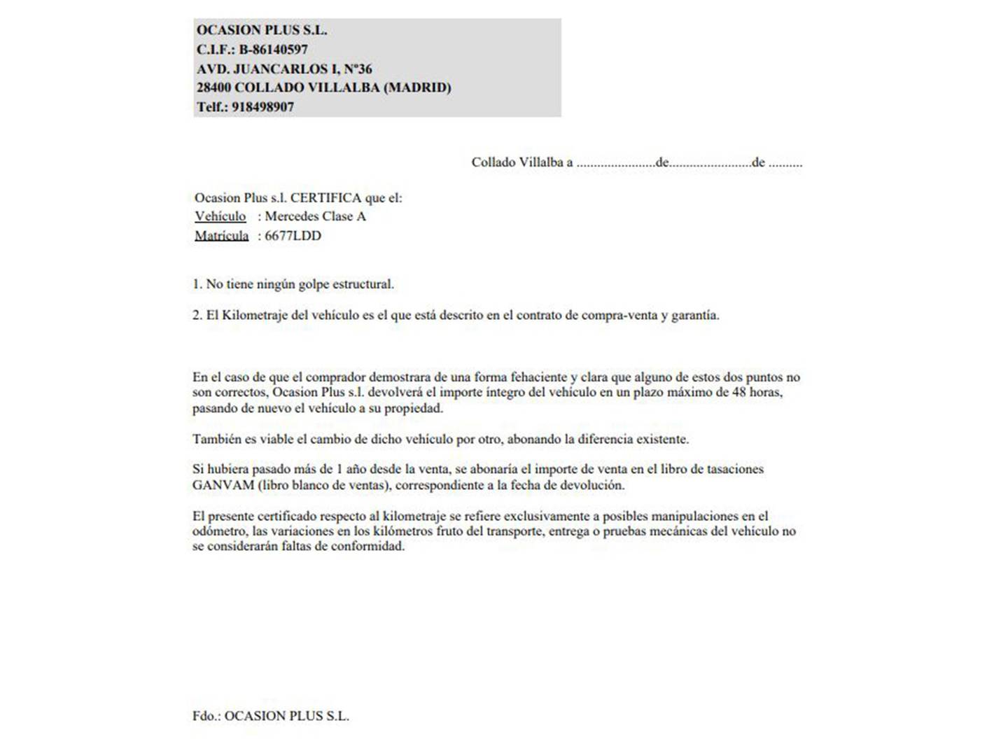 Foto del certificado del Mercedes Clase A Mercedes Clase A 220 (190 CV) Pack AMG