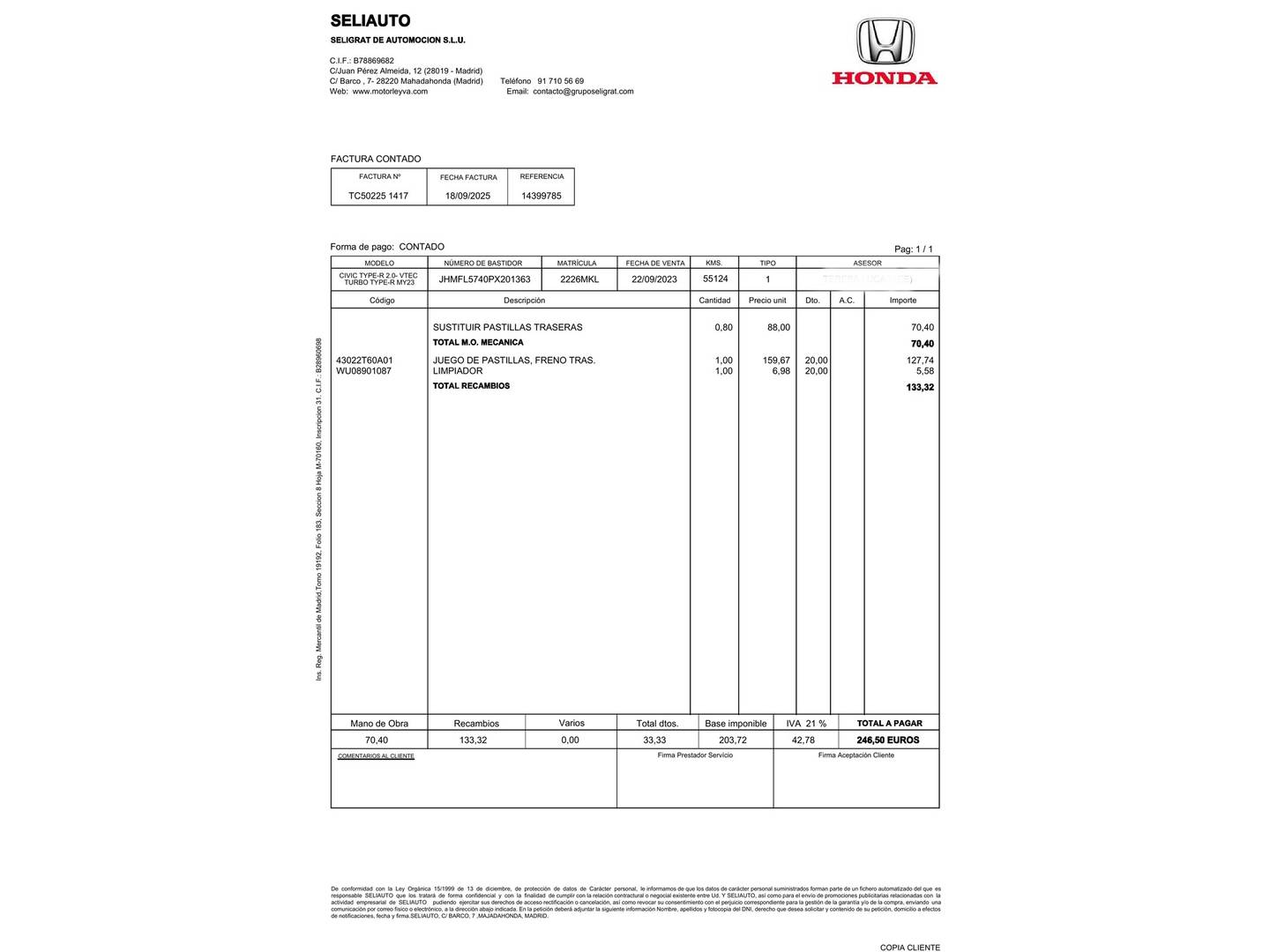 Foto del mantenimiento del Honda Civic Honda Civic 2.0 i-Vtec Type R Edición Especial Pack Carbono (329 CV)