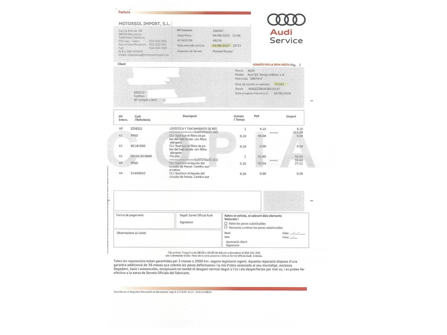 Foto del mantenimiento del Audi Q3 Audi Q3 Design Edition 1.4 TFSI CoD (150 CV) S tronic