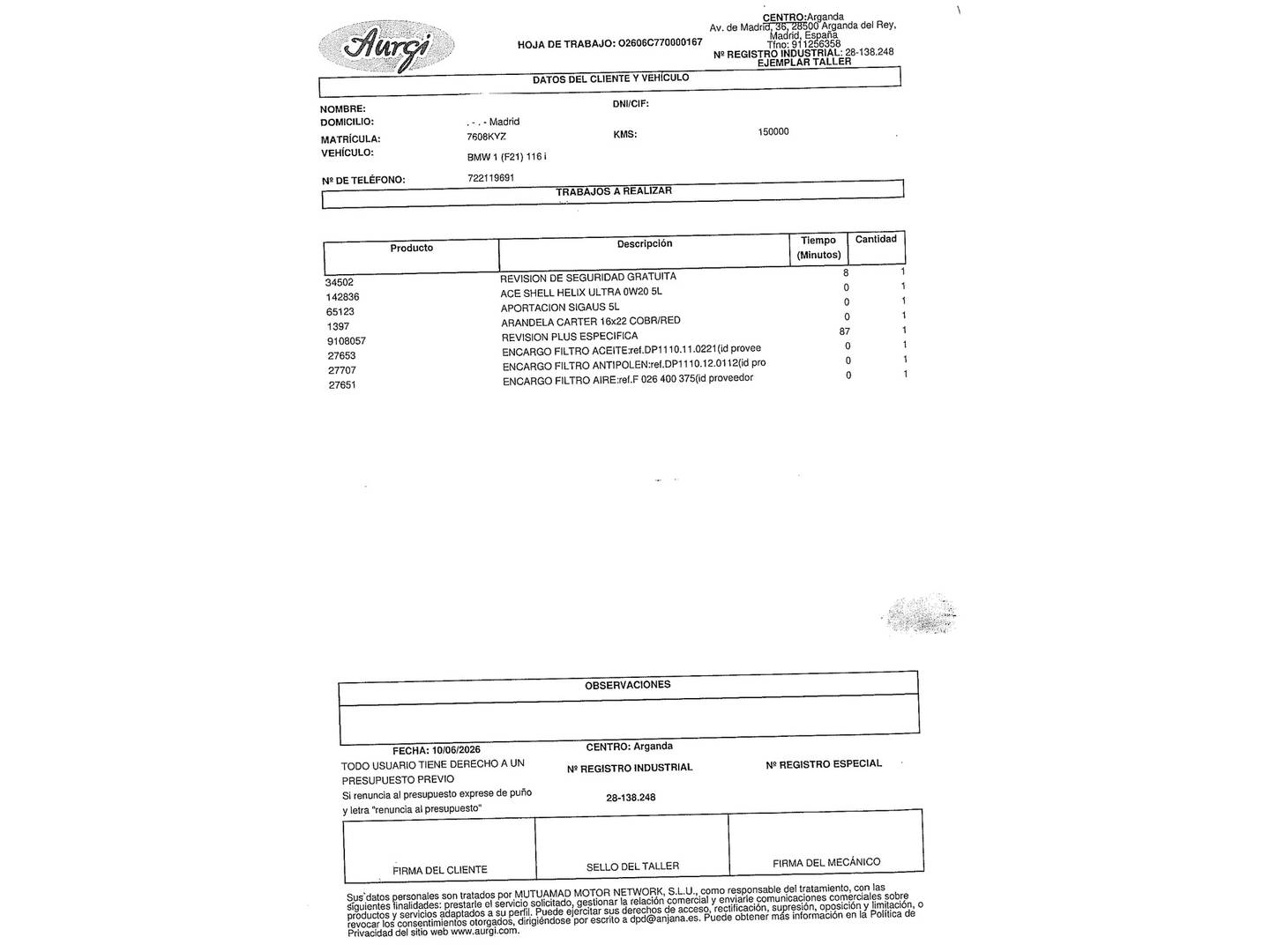 Foto del mantenimiento del BMW Serie 1 BMW Serie 1 116i (109 CV)