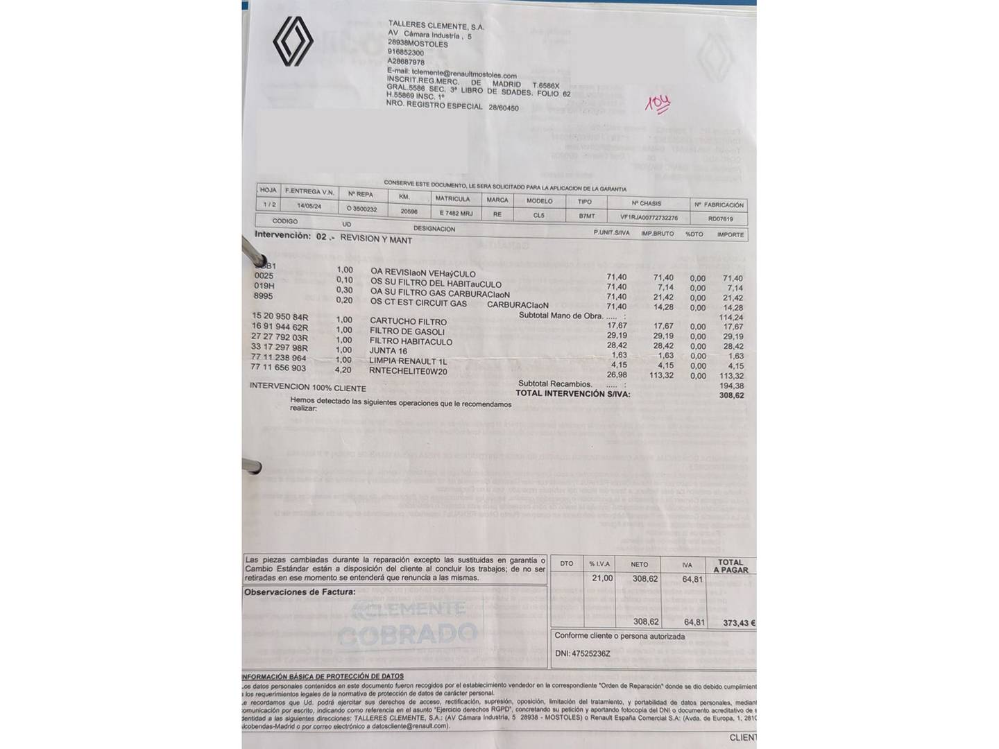 Foto del mantenimiento del Renault Clio Renault Clio Evolution TCe (100 CV) GLP
