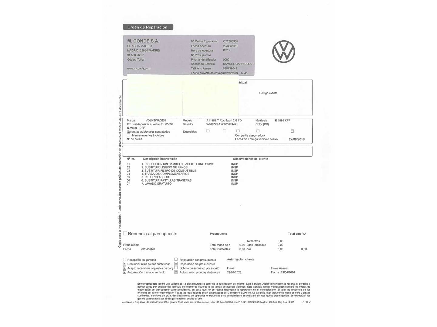 Foto del mantenimiento del Volkswagen T-Roc Volkswagen T-Roc Sport 2.0 TDI 4Motion (150 CV) DSG