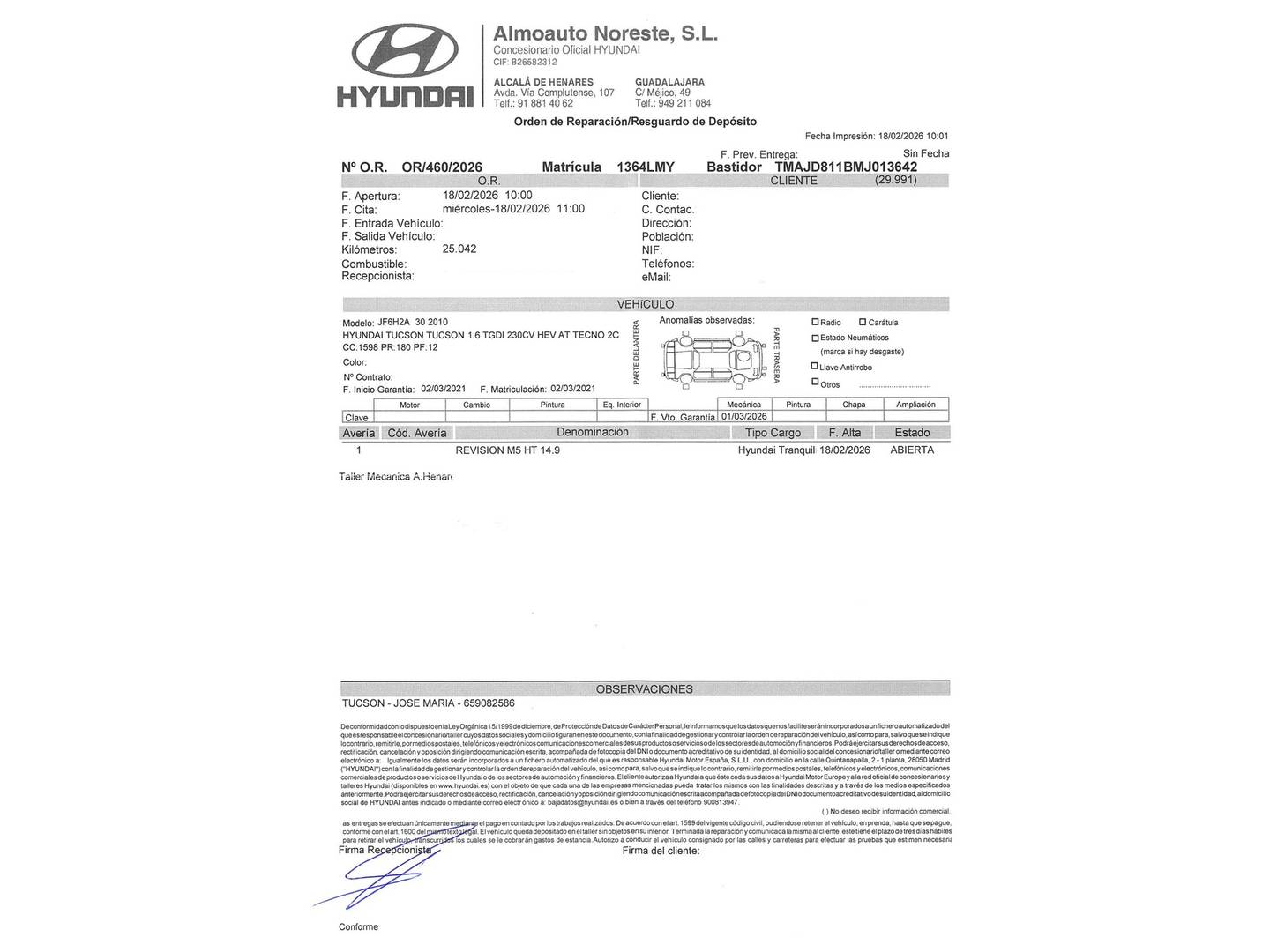 Foto del mantenimiento del Hyundai Tucson Hyundai Tucson 1.6 TGDI HEV Tecno Auto 2C (230 CV)