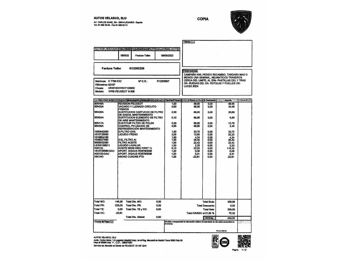 Foto del mantenimiento del Peugeot 508 Peugeot 508 BlueHDi 160 S&S GT Line EAT8 (160 CV)