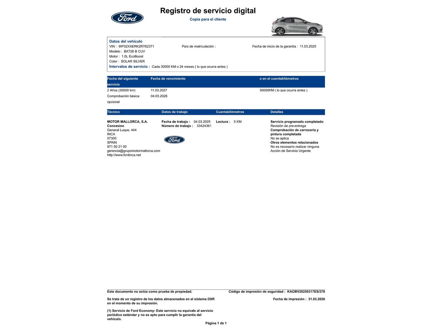 Foto del mantenimiento del Ford Puma Ford Puma 1.0 EcoBoost MHEV ST-Line (125 CV)