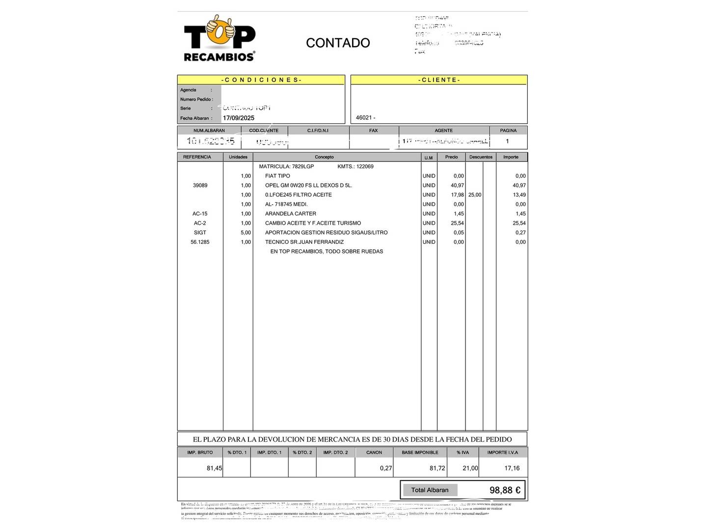 Foto del mantenimiento del Fiat Tipo Fiat Tipo SW 1.3 Multijet Mirror (95 CV)