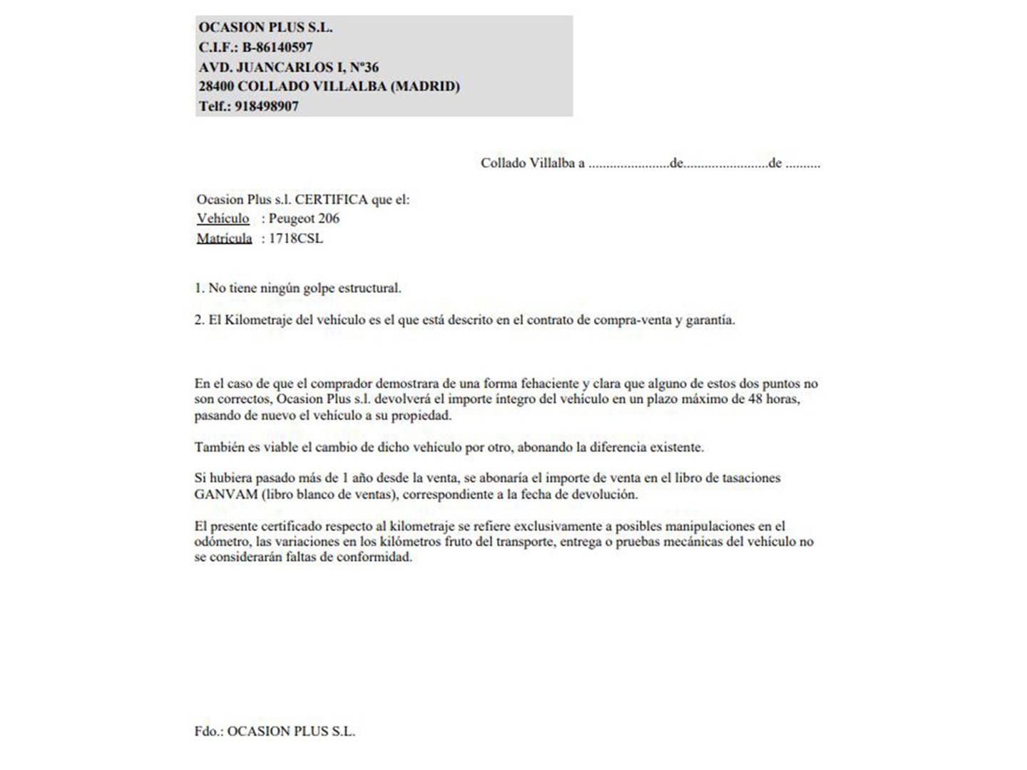 Foto del certificado del Peugeot 206 Peugeot 206 1.4 X-Line (75 CV)