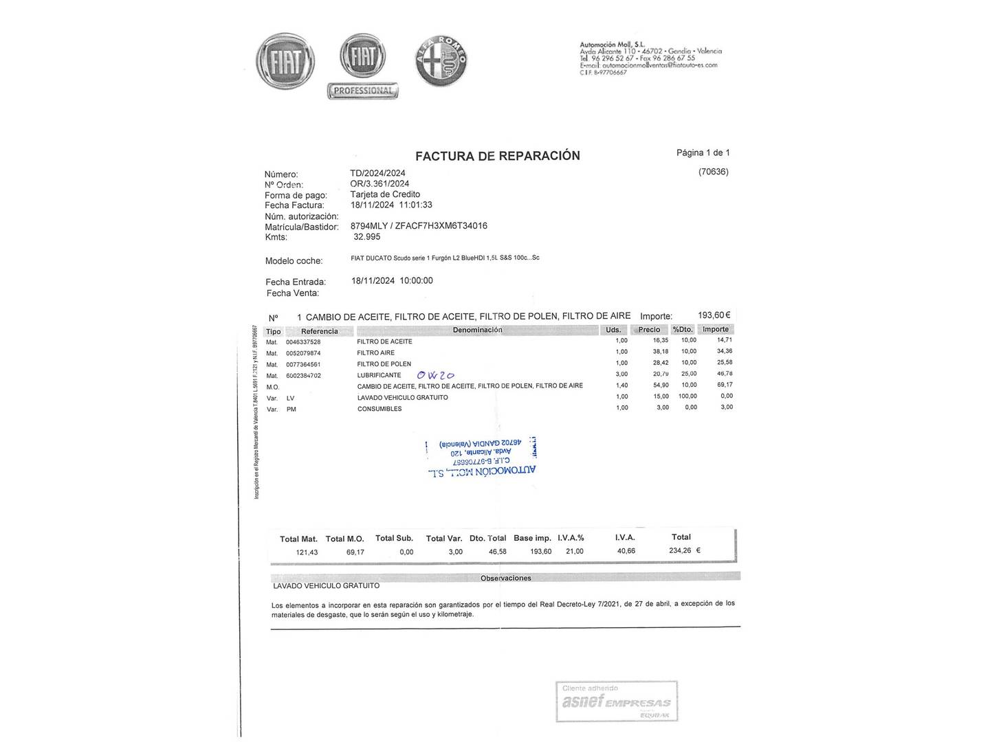 Foto del mantenimiento del Fiat Tipo Fiat Tipo 1.0 Cross (100 CV)