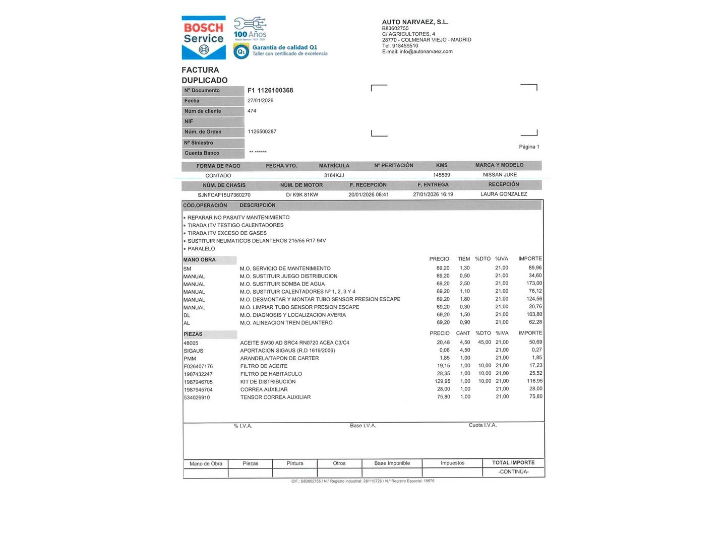 Foto del mantenimiento del Nissan JUKE Nissan Juke dCi 110 N-Connecta 4x2 (110 CV)