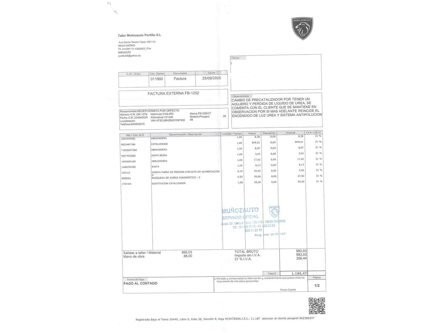 Foto del mantenimiento del Peugeot 2008 Peugeot 2008 BlueHDi 120 S&S Allure (120 CV)