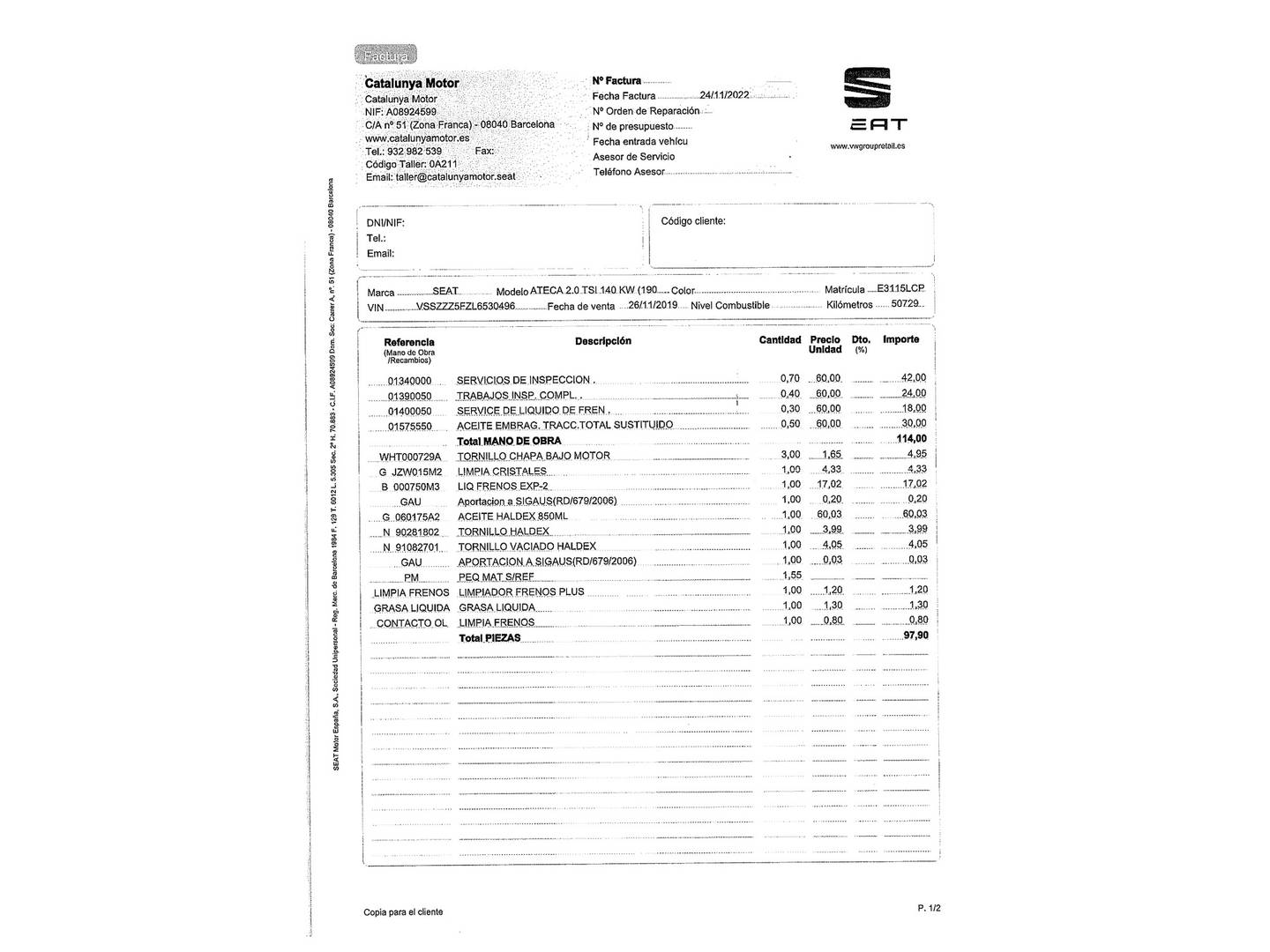Foto del mantenimiento del Seat Ateca SEAT Ateca 2.0 TSI S&S Xcellence 4Drive DSG (190 CV)