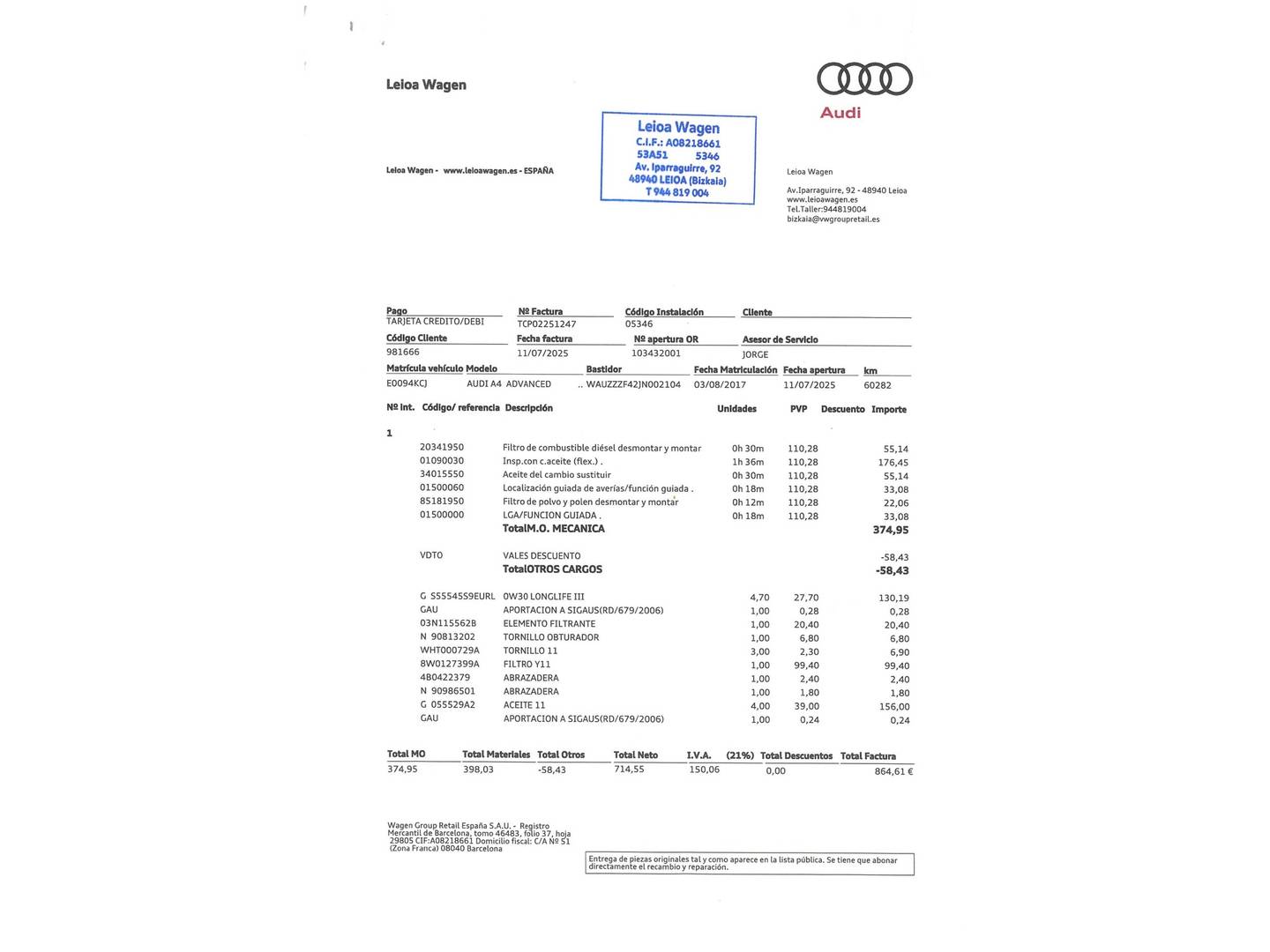 Foto del mantenimiento del Audi A4 Audi A4 Advanced edition 2.0 TDI quattro (190 CV) S tronic