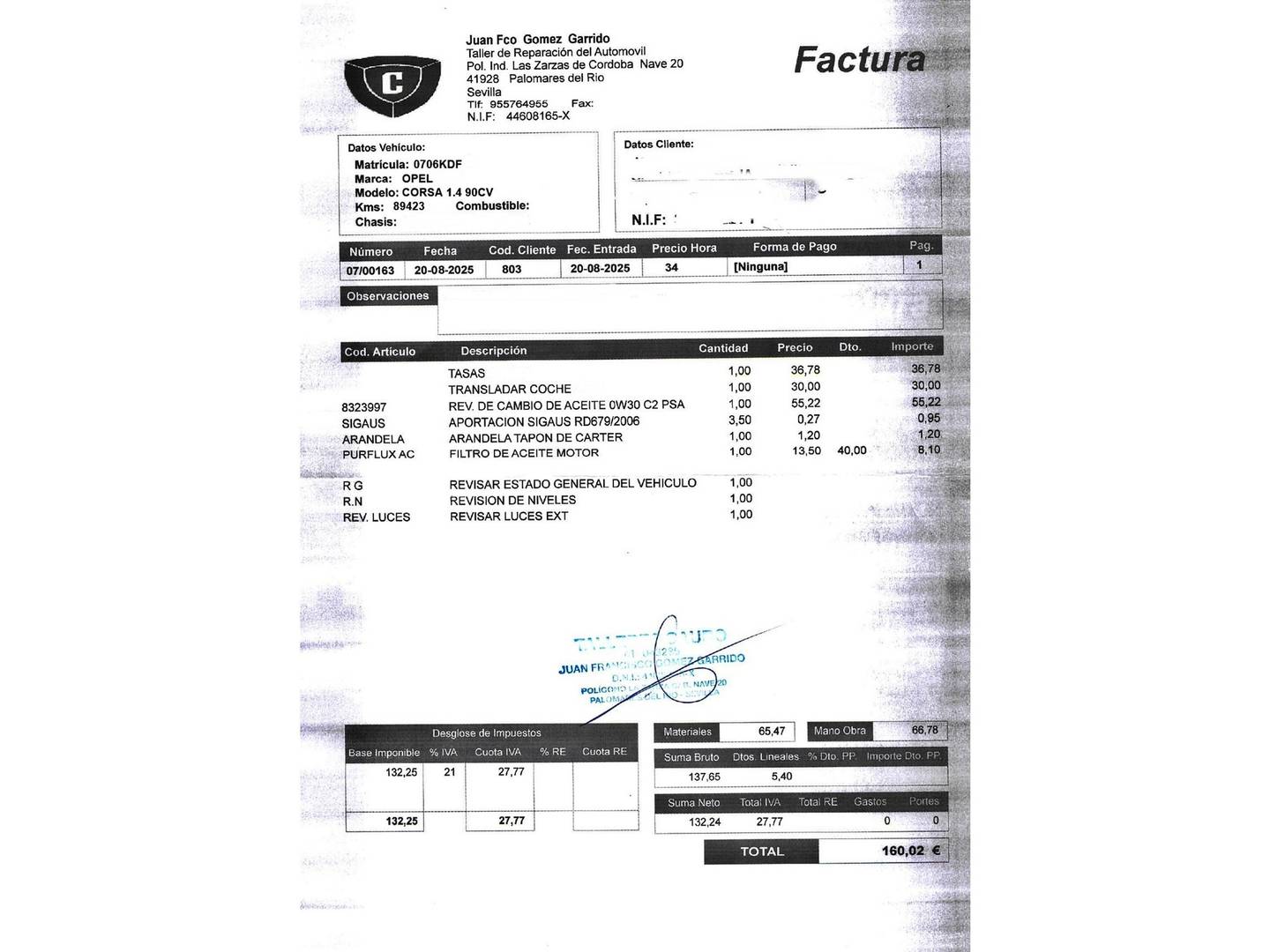 Foto del mantenimiento del Opel Corsa Opel Corsa 1.4 Selective (90 CV)