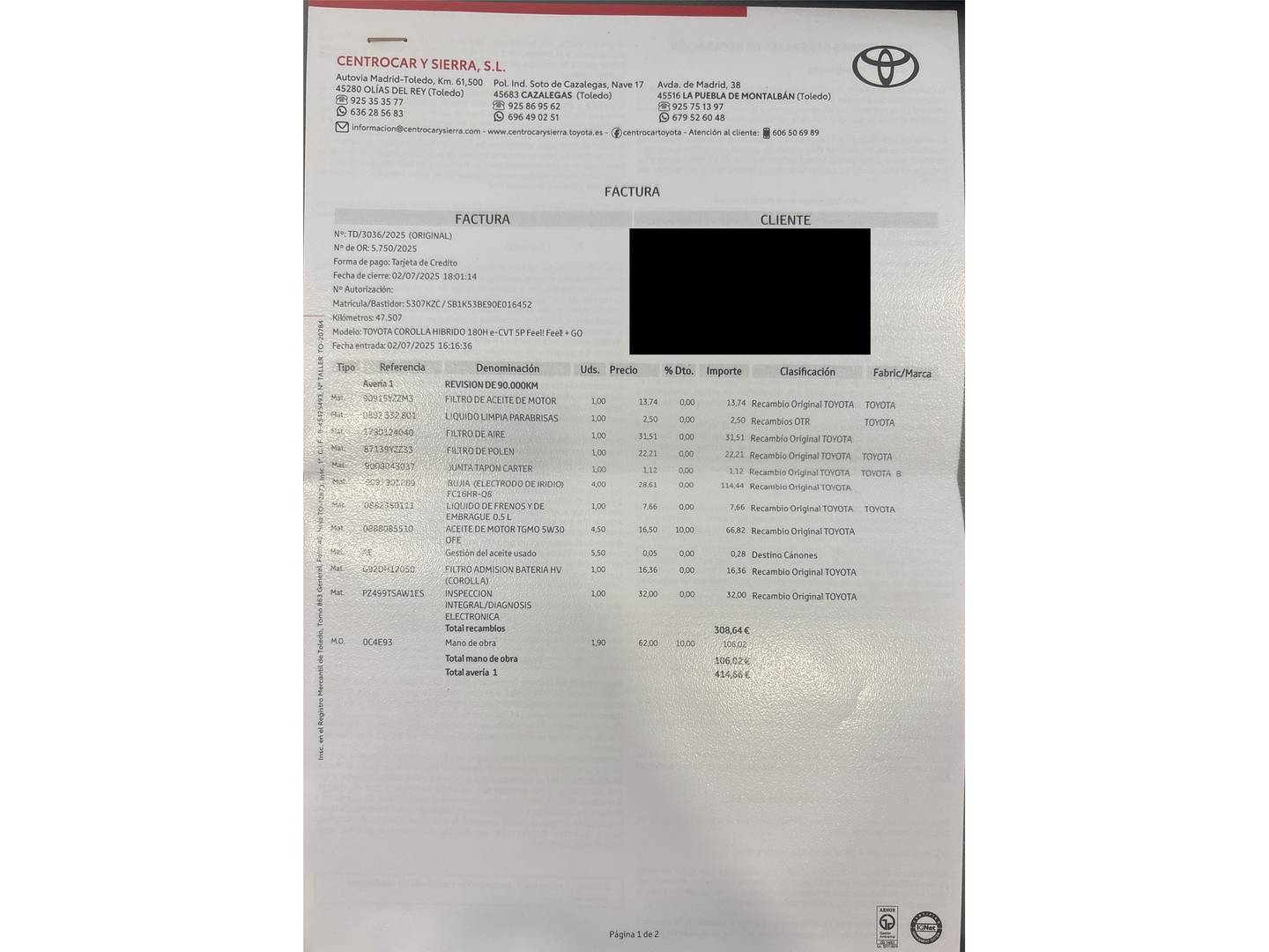 Foto del mantenimiento del Toyota Corolla Toyota Corolla Corolla 180H FEEL! E-CVT (180 CV)