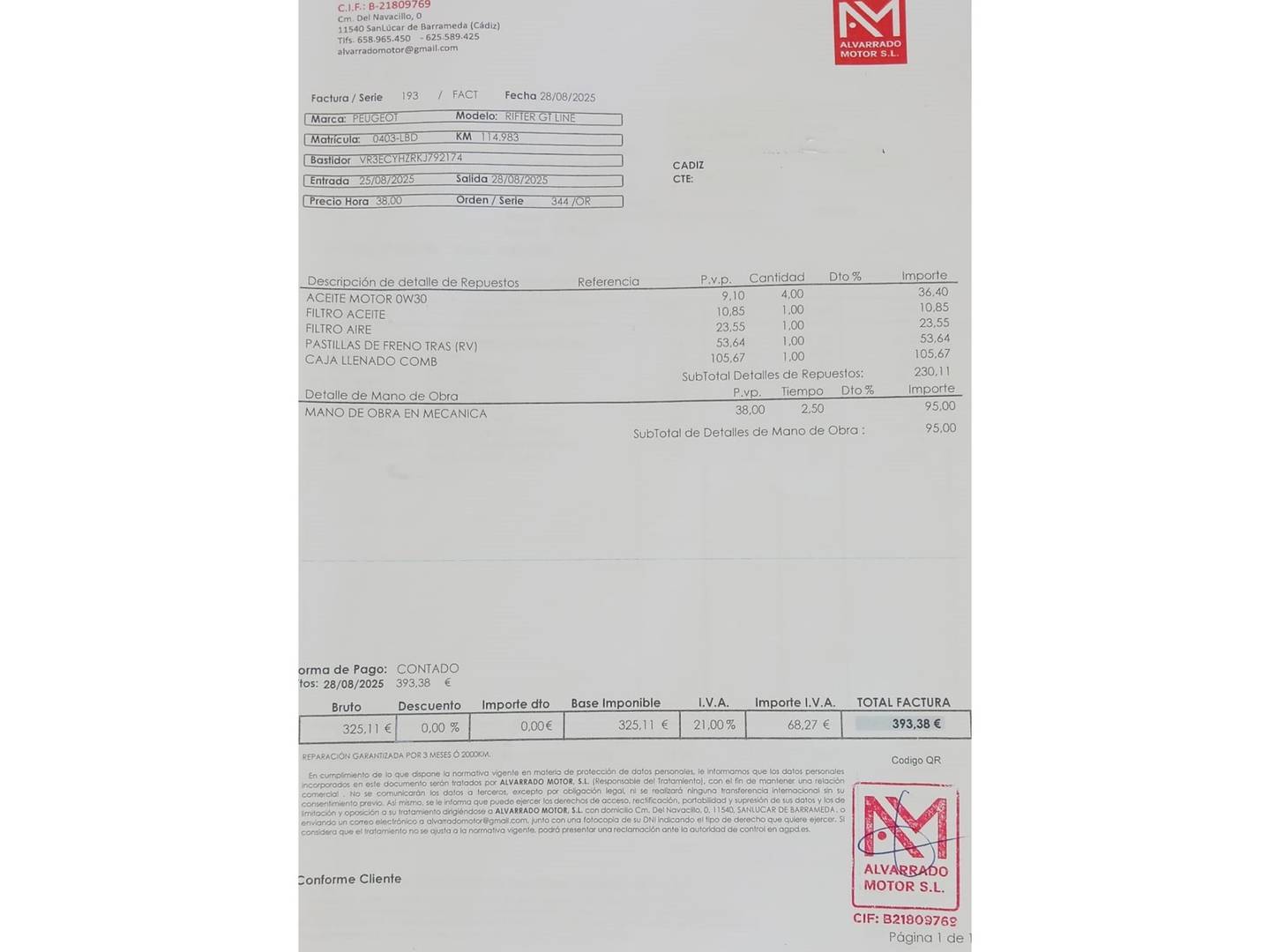 Foto del mantenimiento del Peugeot Rifter Peugeot Rifter BlueHDi 130 GT Line Long EAT8 (130 CV)