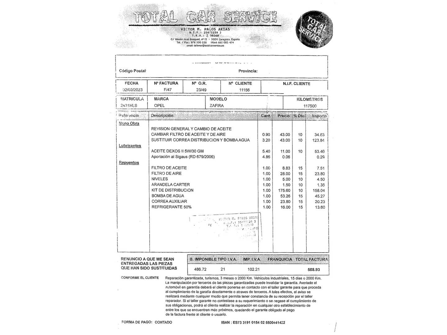 Foto del mantenimiento del Opel Zafira Opel Zafira 1.7 CDTI Family 7 Plazas (110 CV)