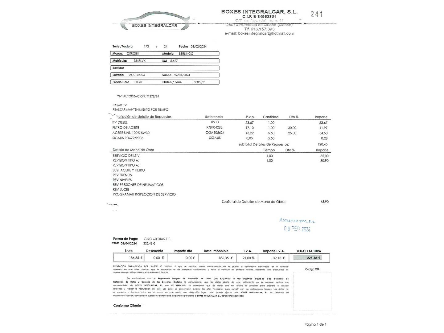 Foto del mantenimiento del Citroën Berlingo Citroen Berlingo BlueHDi 100 Talla M Control (102 CV)